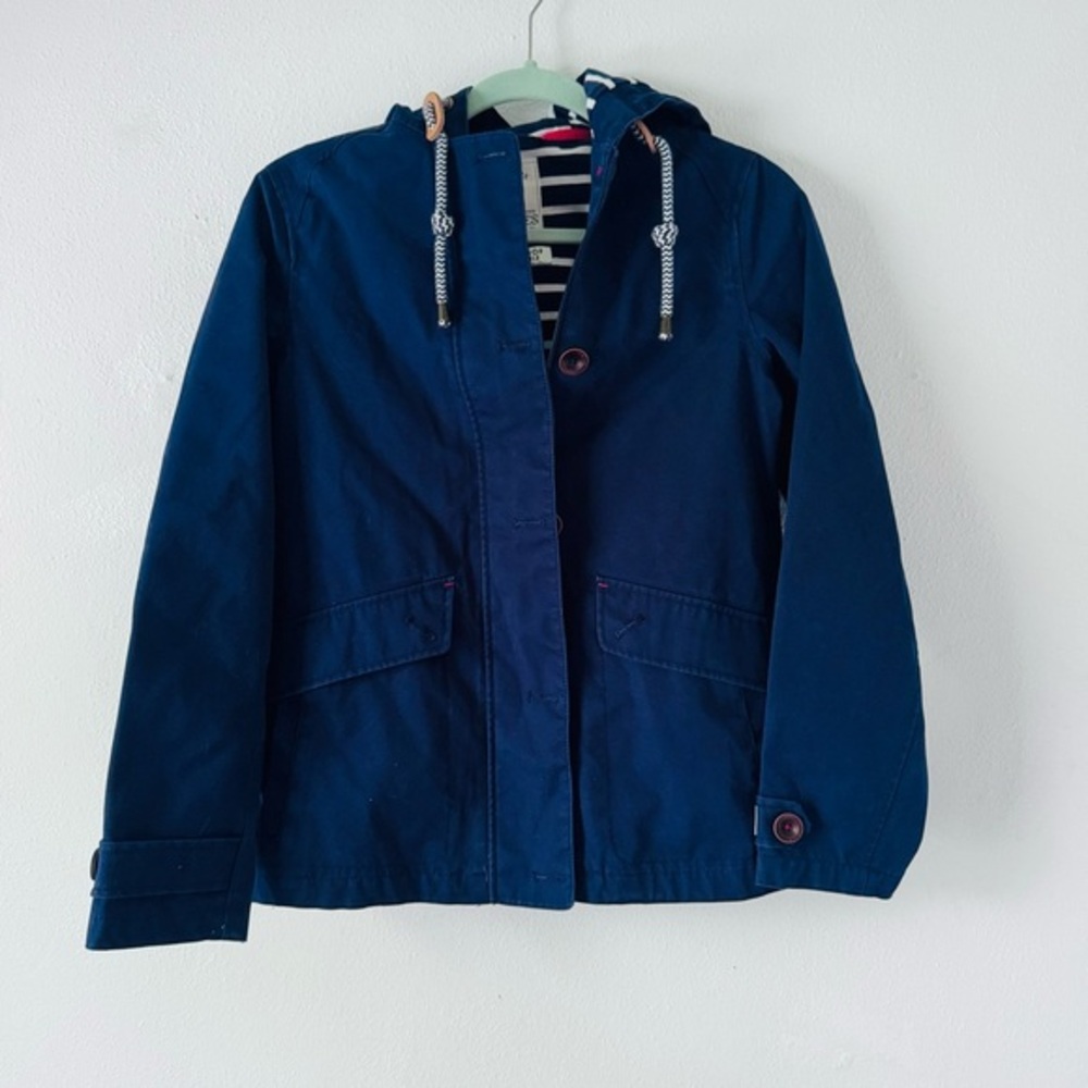 Joules Navy Blue Nautical West Coast Hooded Waterproof Breathable Jacket Sz 2